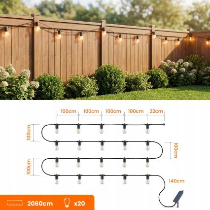 LED dimbar solcellsdriven dekorationsljusslinga 20xE27/0,3W/3/5V USB 2400 mAh 20,62 m IP65 svart + fjärrkontroll