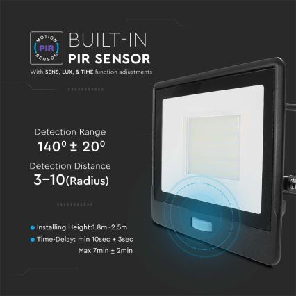 LED strålkastare med sensor LED/50W/230V 4000K IP65 svart