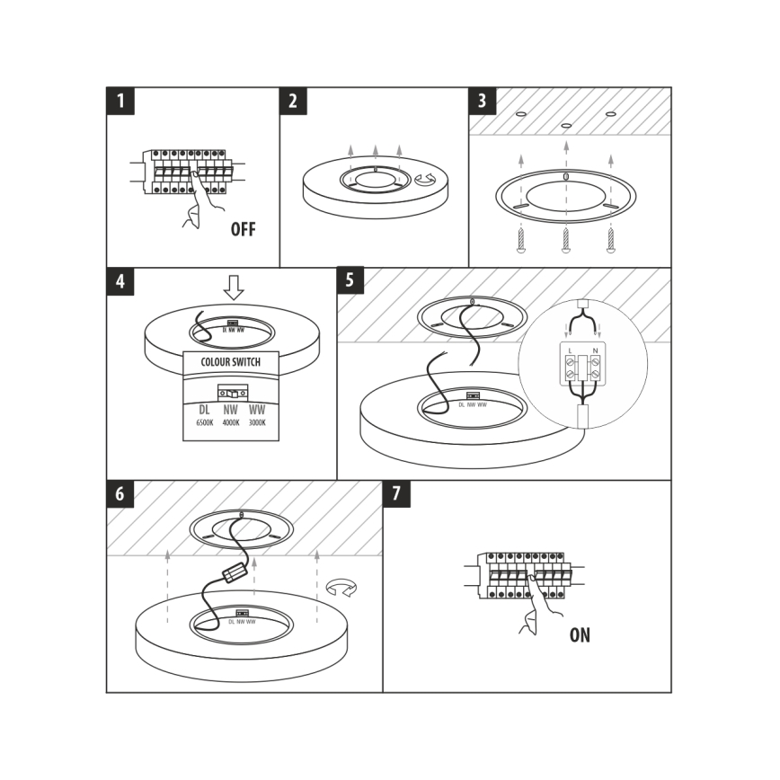 LED-taklampa 18 W, 230 V — valbar färgtemperatur 3000/4000/6500 K, Ø 23 cm, svart