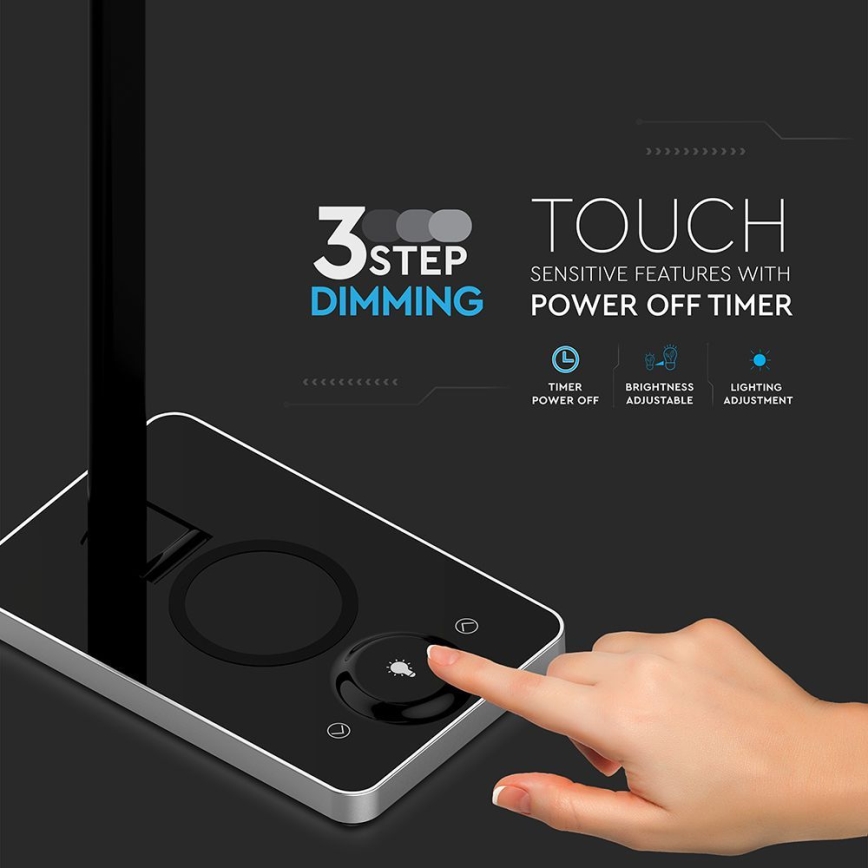 LED Touch-dimbar bordslampa med trådlös laddning LED/7W/5V 3000-6500K USB svart