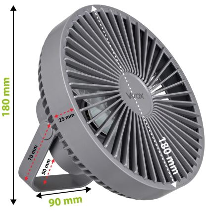 LED Uppladdningsbar bord fläkt med LED-belysning LED/2W/5V USB 2400 mAh grå