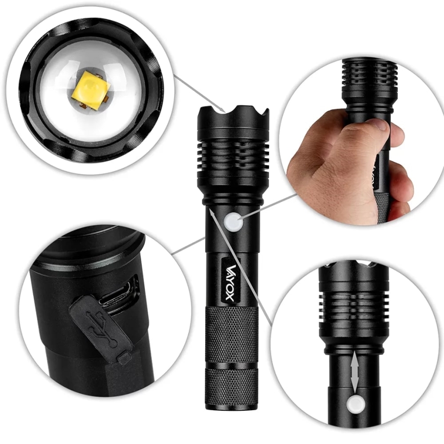 LED uppladdningsbar ficklampa LED/10W/5V IPX4 800 glansig 1200 mAh