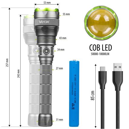 LED Dimbar uppladdningsbar ficklampa med strömbank funktion LED/5V IPX7 10000 glansig 2600 mAh
