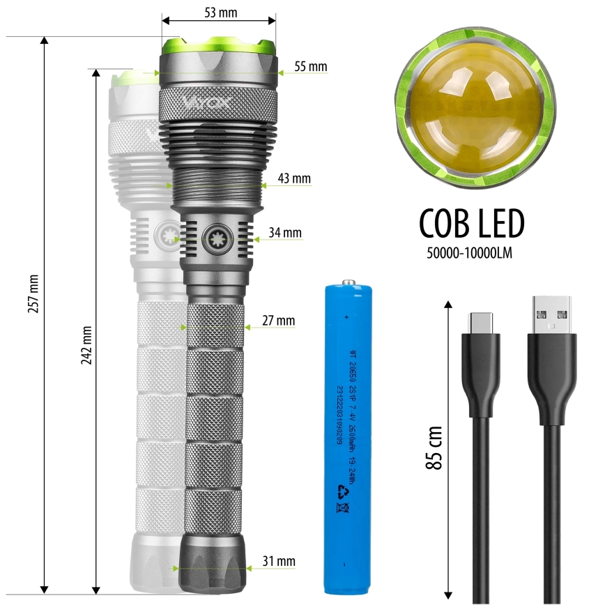 LED Dimbar uppladdningsbar ficklampa med strömbank funktion LED/5V IPX7 10000 glansig 2600 mAh