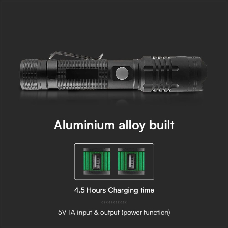 LED Uppladdningsbar ficklampa USB LED/10W/5V IP54 2000 mAh 1000 lm