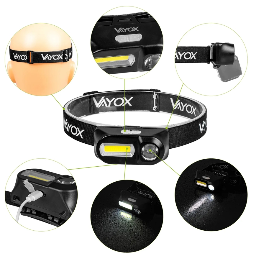 LED Dimbart uppladdningsbart pannlampa 2xLED/5V IPX4 250 lm 2000 mAh