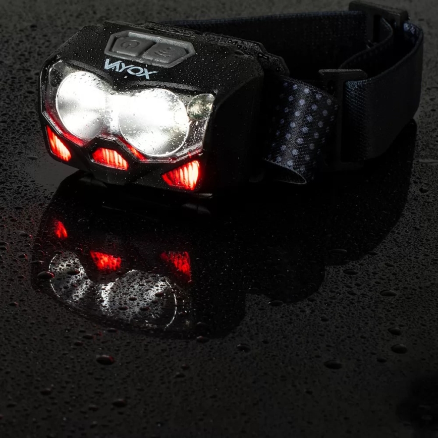 LED Dimbart uppladdningsbart pannlampa med sensor och rött ljus 2xLED/5W/5V/3xAAA IP65 500 lm 1200 mAh