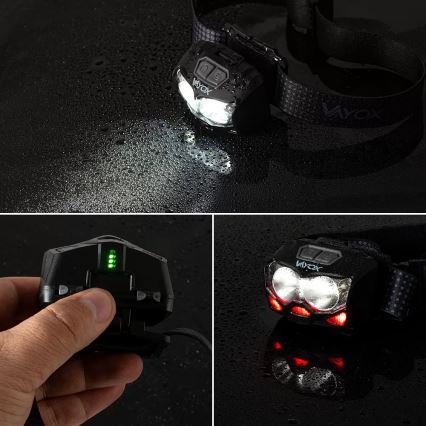 LED Dimbart uppladdningsbart pannlampa med sensor och rött ljus 2xLED/5W/5V/3xAAA IP65 500 lm 1200 mAh