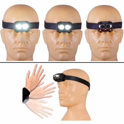 LED Dimbart uppladdningsbart pannlampa med sensor och rött ljus 2xLED/5W/5V/3xAAA IP65 500 lm 1200 mAh