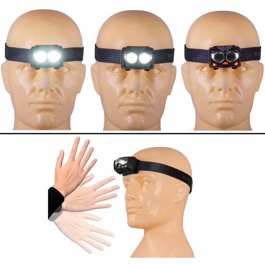 LED Dimbart uppladdningsbart pannlampa med sensor och rött ljus 2xLED/5W/5V/3xAAA IP65 500 lm 1200 mAh