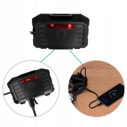 LED uppladdningsbar pannlampa med dimmer, sensor, powerbankfunktion och rött ljus LED/10W/5V IP44 1200 lm 4000 mAh