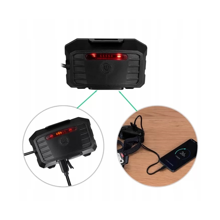 LED uppladdningsbar pannlampa med dimmer, sensor, powerbankfunktion och rött ljus LED/10W/5V IP44 1200 lm 4000 mAh