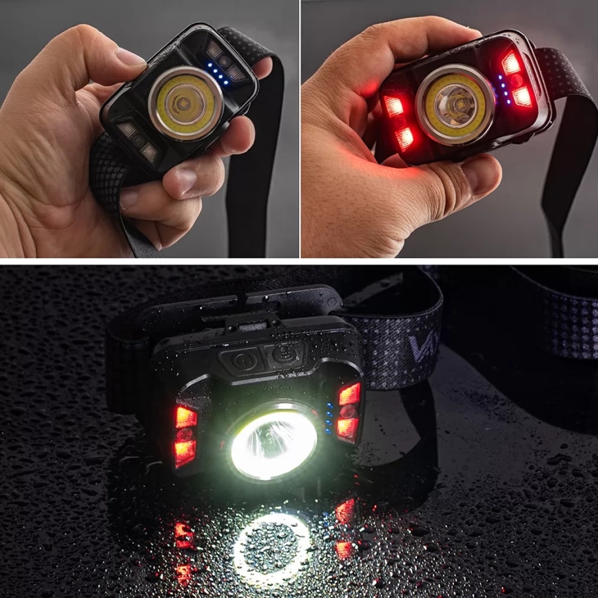 LED Ljusreglerad uppladdningsbar pannlampa med sensor och rött ljus LED/15W/5V IP66 430 glansig 1800 mAh