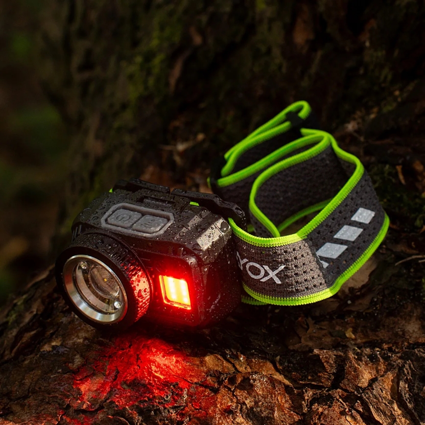 LED-dimbar uppladdningsbar pannlampa med sensor och rött ljus LED/6W/5V/3xAAA IP66 500 lm 1200 mAh