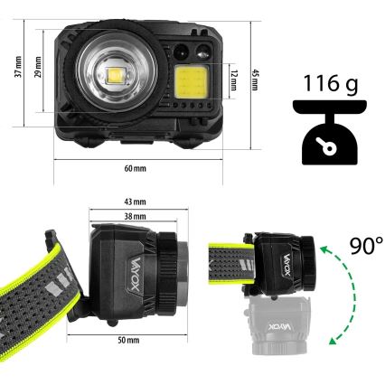 LED-dimbar uppladdningsbar pannlampa med sensor och rött ljus LED/6W/5V/3xAAA IP66 500 lm 1200 mAh