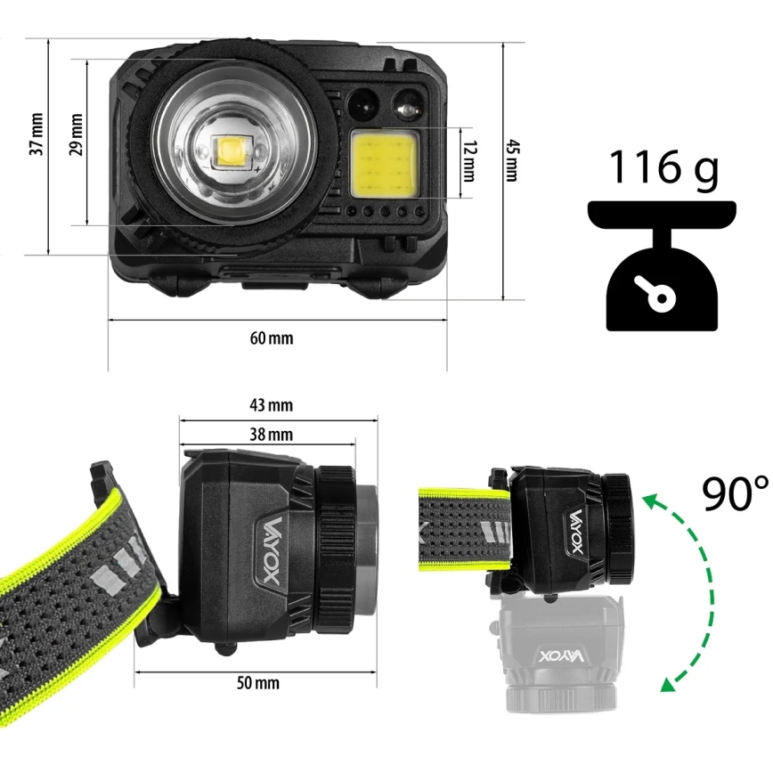 LED-dimbar uppladdningsbar pannlampa med sensor och rött ljus LED/6W/5V/3xAAA IP66 500 lm 1200 mAh