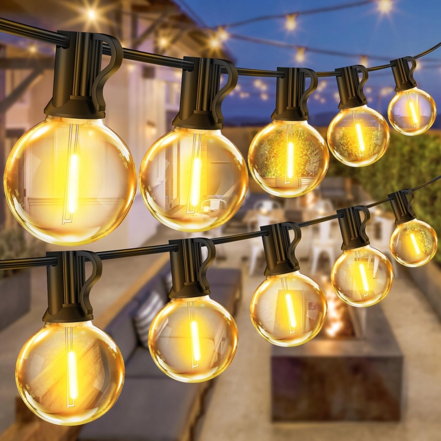 LED utomhusljusslinga för dekoration, 20 lampor (E12-sockel), 1 W/st, 230 V, 20 m, IP65, svart