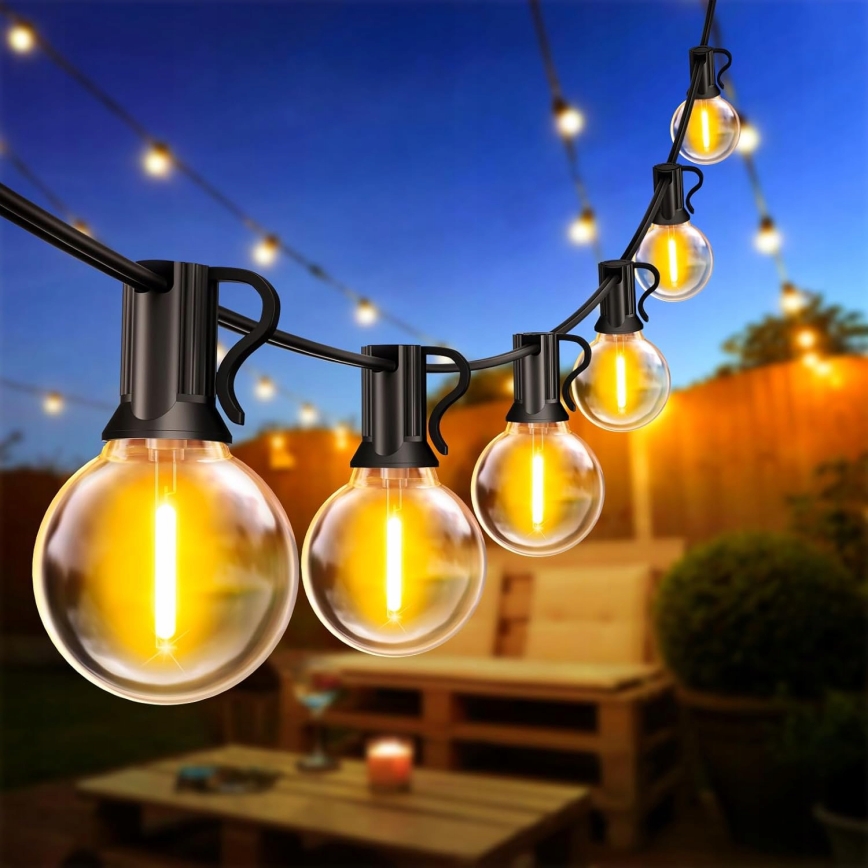 LED utomhusljusslinga för dekoration, 20 lampor (E12-sockel), 1 W/st, 230 V, 20 m, IP65, svart