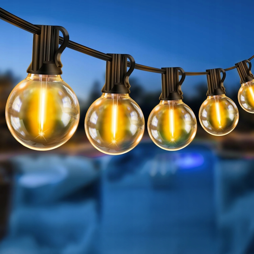 LED utomhusljusslinga för dekoration, 20 lampor (E12-sockel), 1 W/st, 230 V, 20 m, IP65, svart