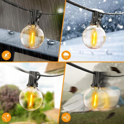 LED utomhusljusslinga för dekoration, 20 lampor (E12-sockel), 1 W/st, 230 V, 20 m, IP65, svart