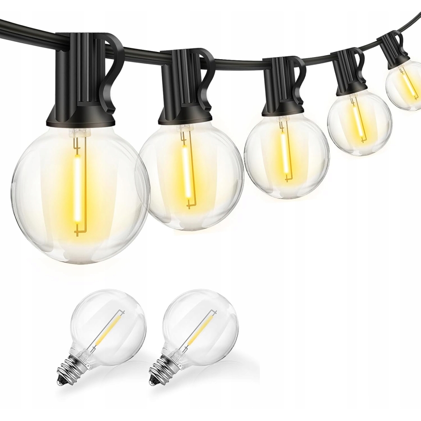 LED utomhusljusslinga för dekoration, 20 lampor (E12-sockel), 1 W/st, 230 V, 20 m, IP65, svart