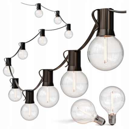 LED utomhusljusslinga för dekoration, 20 lampor (E12-sockel), 1 W/st, 230 V, 20 m, IP65, svart