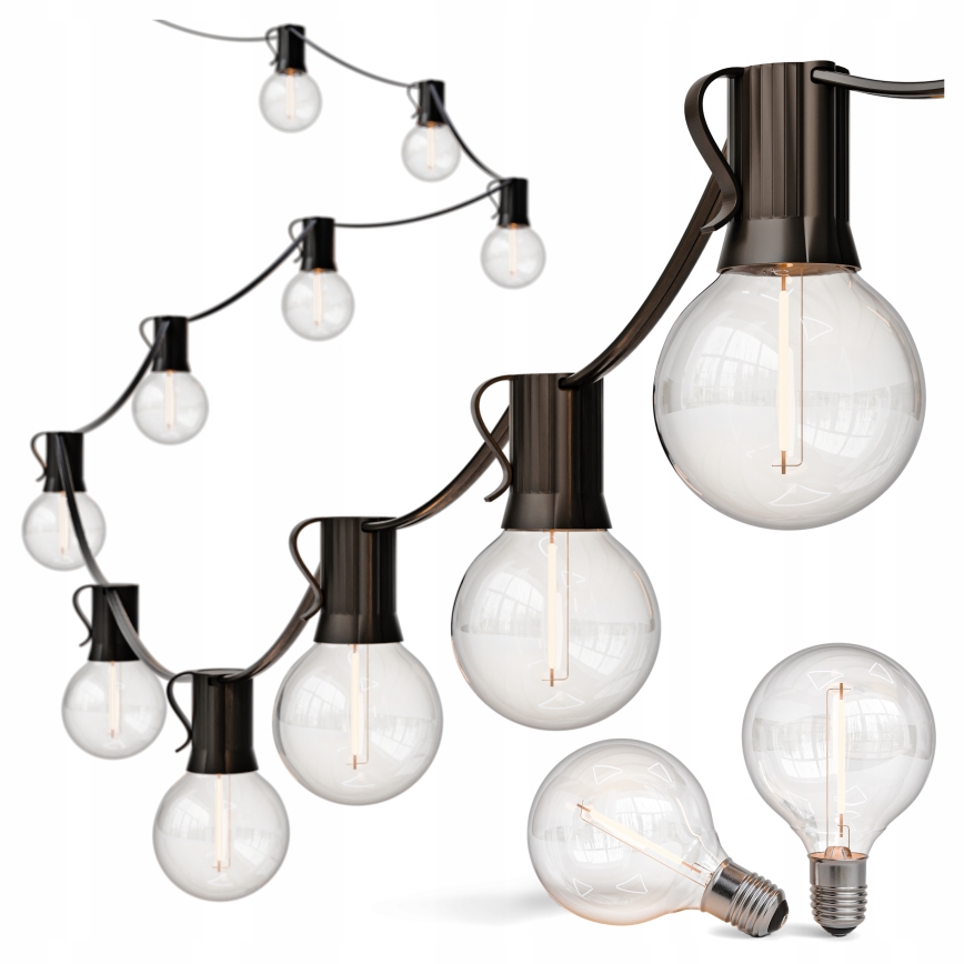 LED utomhusljusslinga för dekoration, 20 lampor (E12-sockel), 1 W/st, 230 V, 20 m, IP65, svart