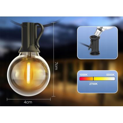 LED utomhusljusslinga för dekoration, 20 lampor (E12-sockel), 1 W/st, 230 V, 20 m, IP65, svart