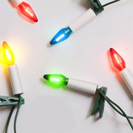 LED utomhusslinga FELICIA FILAMENT 20 x E10, 19 m, färgade/varmvita lampor, IP44, Tillverkad i Tjeckien