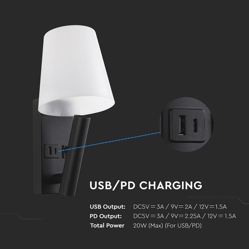 LED-vägglampa med USB-port LED/2W/230V 3000K svart/vit