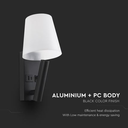 LED-vägglampa med USB-port LED/2W/230V 3000K svart/vit