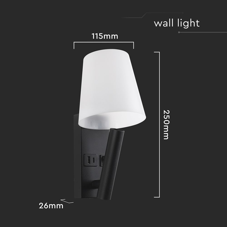 LED-vägglampa med USB-port LED/2W/230V 3000K svart/vit