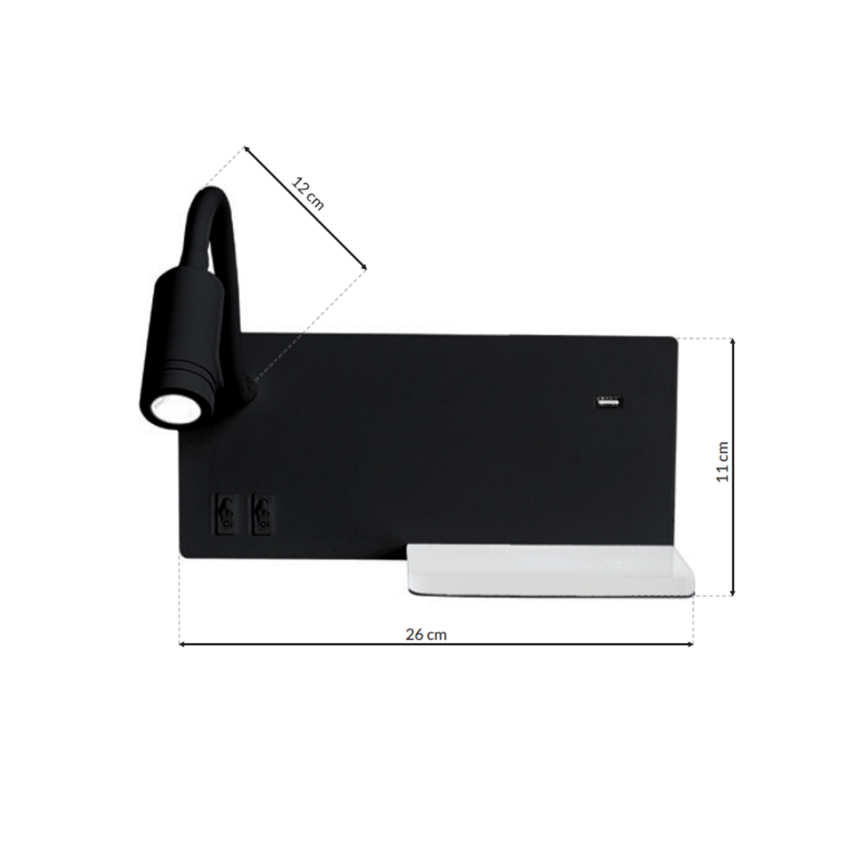 LED-vägglampa SHELF LED/4W+LED/5W+LED/2W/230V svart