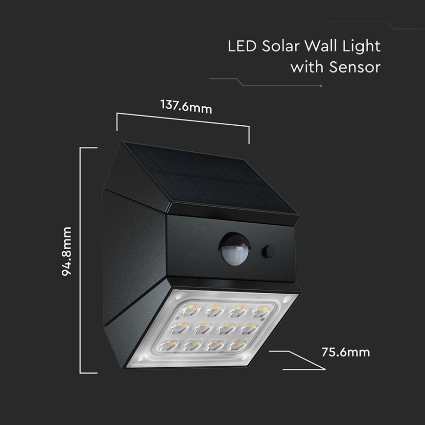 LED väggmonterad solarlampa med sensor LED/2,5W/3,7V 3000/4000/6000K IP65 1200 mAh svart