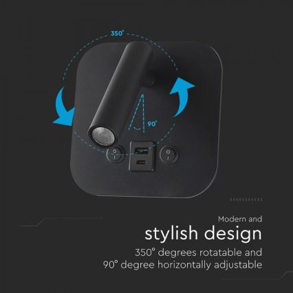 LED väggspot med USB-port LED/8W/230V 3000K svart