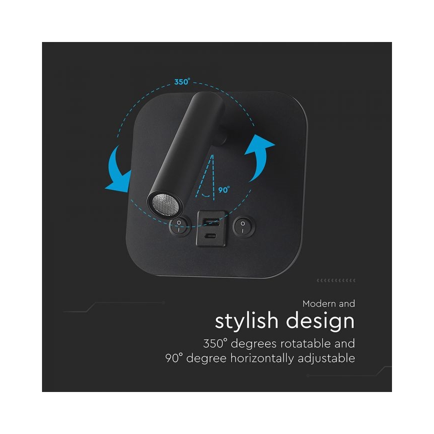 LED väggspot med USB-port LED/8W/230V 3000K svart