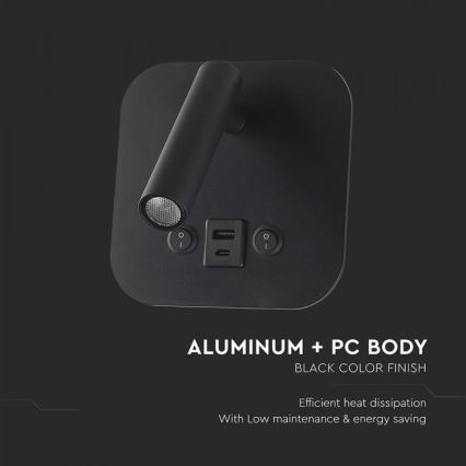 LED väggspot med USB-port LED/8W/230V 3000K svart