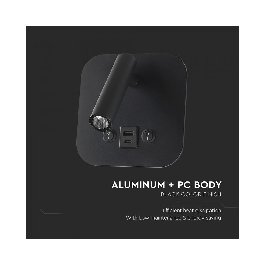 LED väggspot med USB-port LED/8W/230V 3000K svart