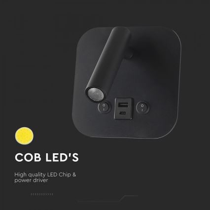 LED väggspot med USB-port LED/8W/230V 3000K svart