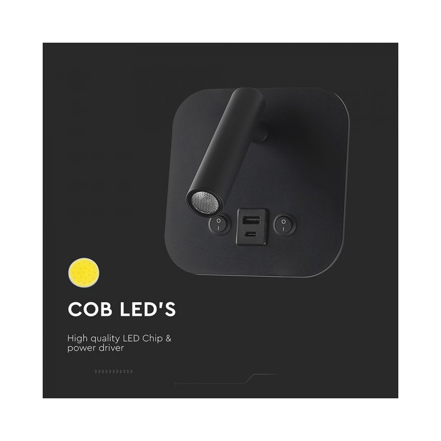 LED väggspot med USB-port LED/8W/230V 3000K svart