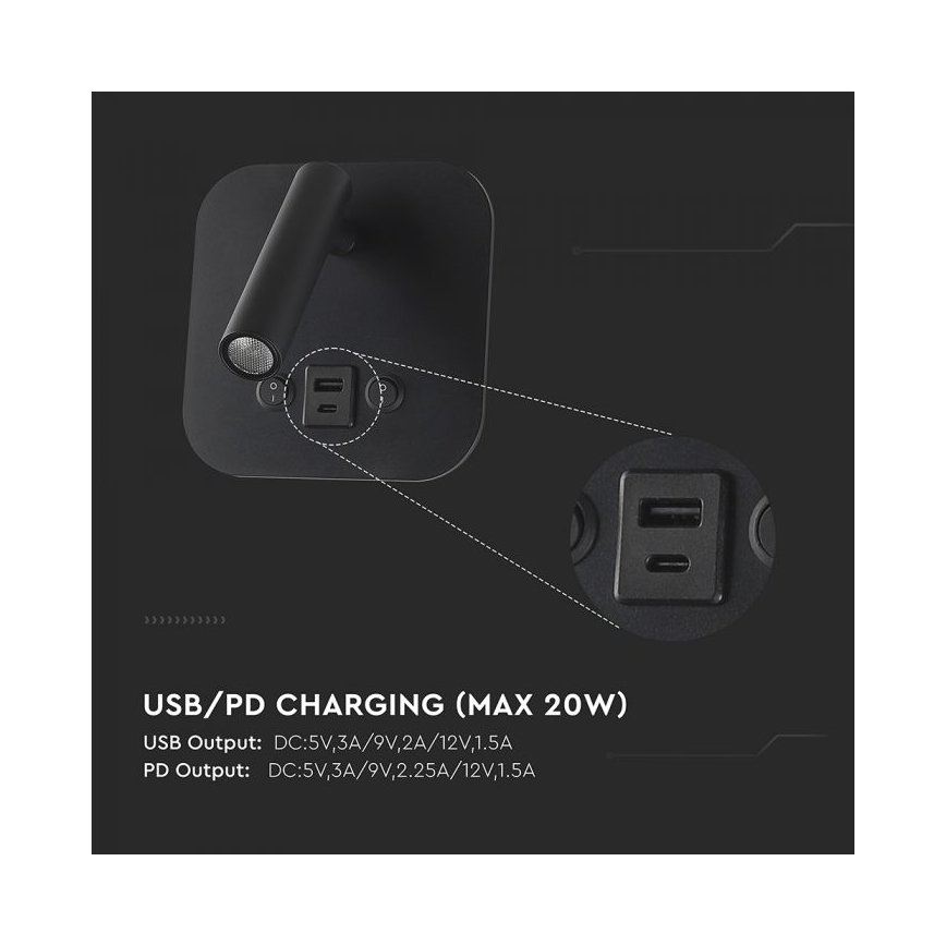 LED väggspot med USB-port LED/8W/230V 3000K svart