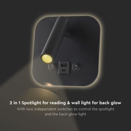 LED väggspot med USB-port LED/8W/230V 3000K svart