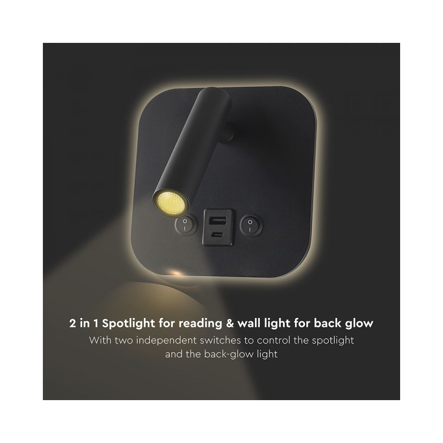 LED väggspot med USB-port LED/8W/230V 3000K svart