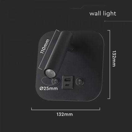 LED väggspot med USB-port LED/8W/230V 3000K svart