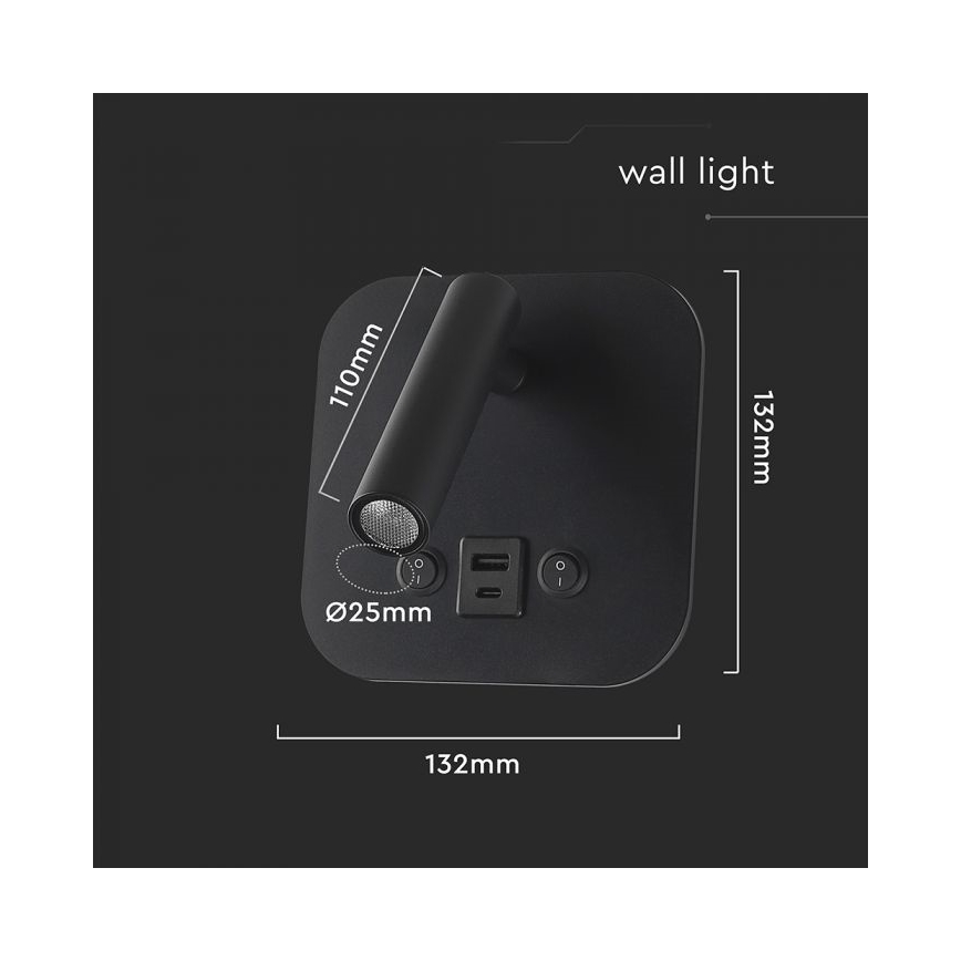 LED väggspot med USB-port LED/8W/230V 3000K svart