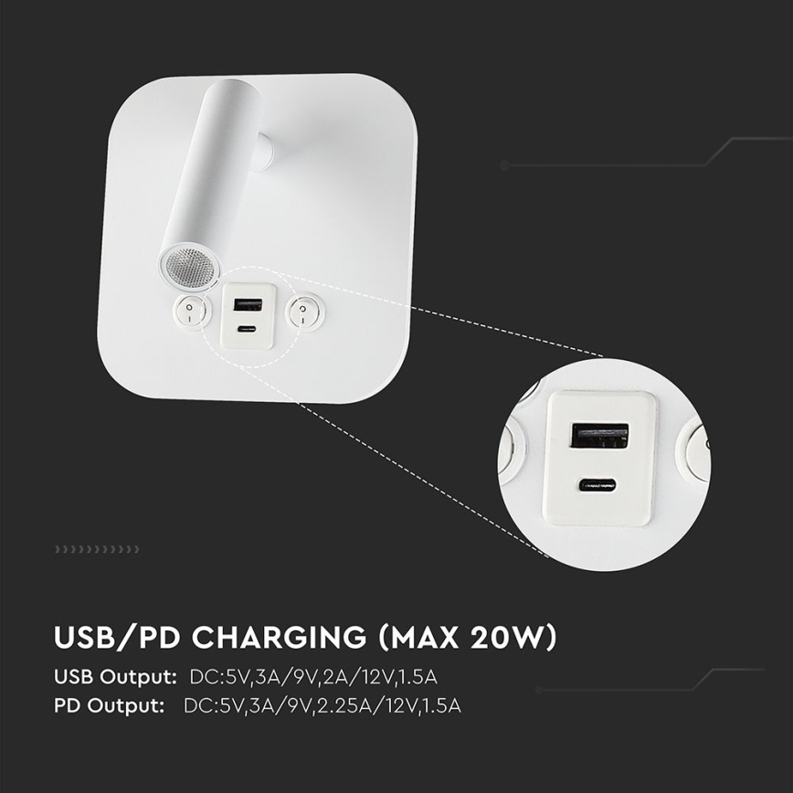 LED väggspot med USB-port LED/8W/230V 3000K vit