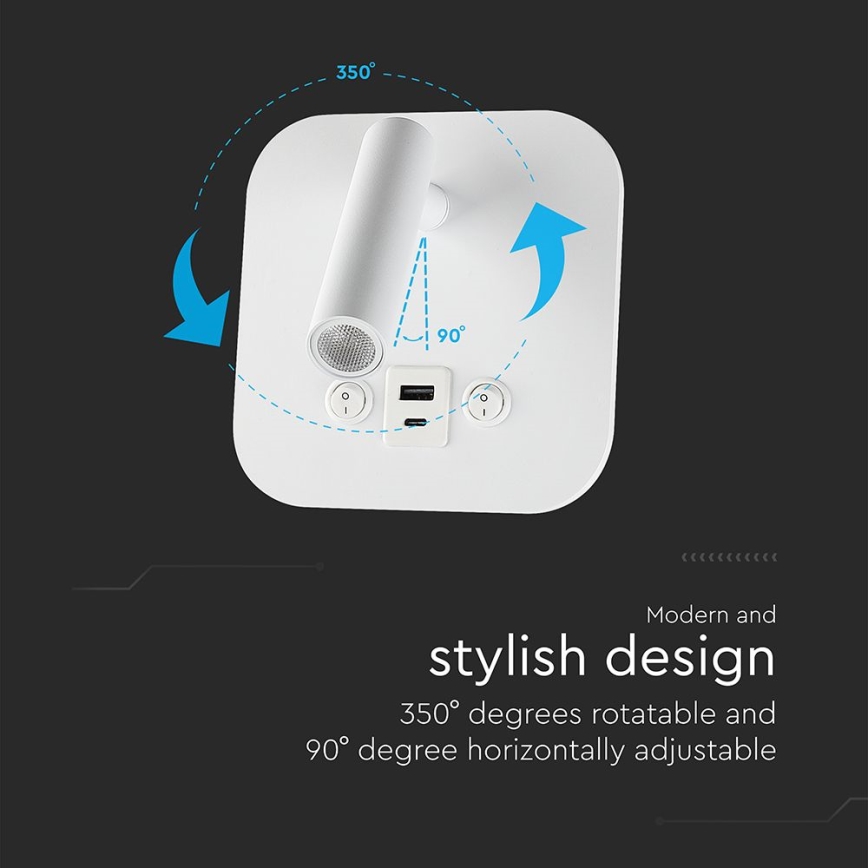 LED väggspot med USB-port LED/8W/230V 3000K vit