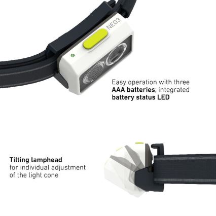 Ledlenser NEO3 - dimbar LED-pannlampa LED/3xAAA IP54 400 lm 20 h svart/vit