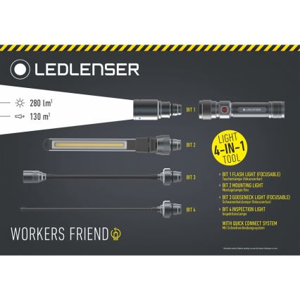 Ledlenser WORKERS FRIEND - dimbar uppladdningsbar LED-ficklampa, 2500 mAh, 280 lm, 80 h, svart