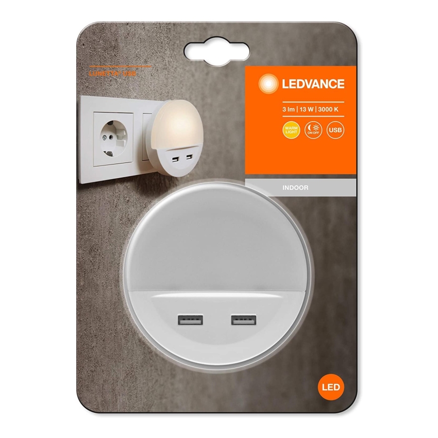 Ledvance - LED-nattlampa för vägguttag med sensor LUNETTA 2xUSB LED/13W/230V